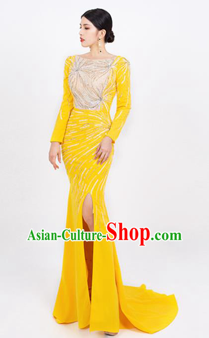 Top Grade Stage Show Clothing Annual Meeting Embroidery Beads Full Dress Catwalks Compere Yellow Trailing Dress