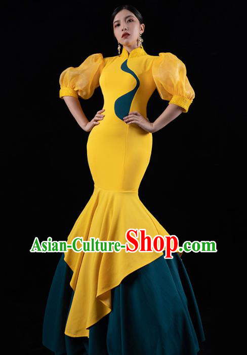 Chinese Stage Show Yellow Fishtail Qipao Dress Catwalks Costume Modern Cheongsam