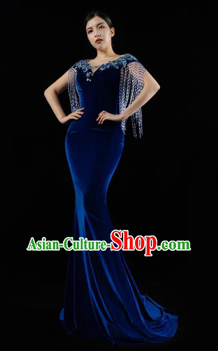 Top Grade Catwalks Royalblue Velvet Tassel Dress Stage Show Clothing Annual Meeting Trailing Full Dress