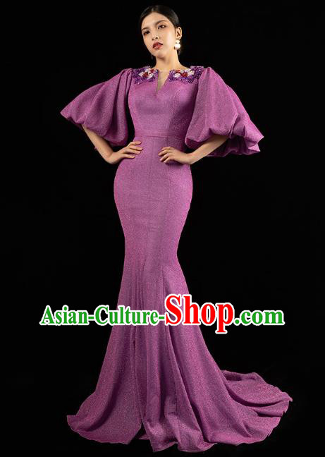 Top Grade Catwalks Purple Trailing Dress Stage Show Clothing Annual Meeting Embroidery Beads Full Dress