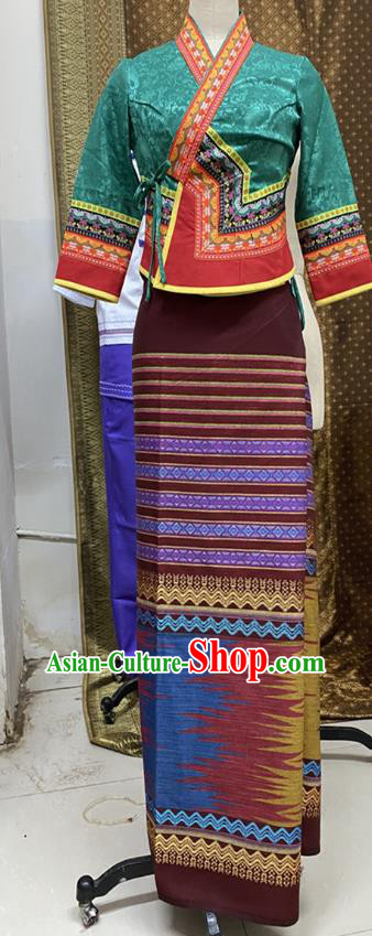 China Dai Nationality Water Splashing Festival Dance Clothing Yunnan Ethnic Green Brocade Blouse and Skirt Uniforms