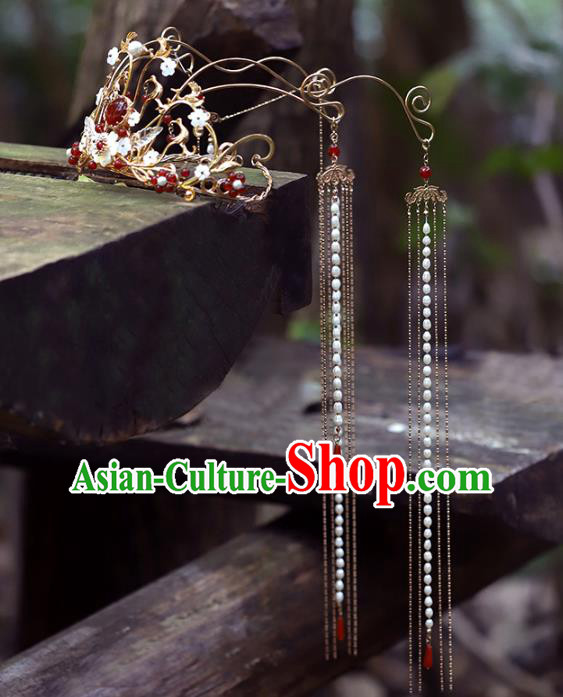 China Traditional Wedding Xiuhe Suit Headdress Ancient Bride Pearls Tassel Hair Crown