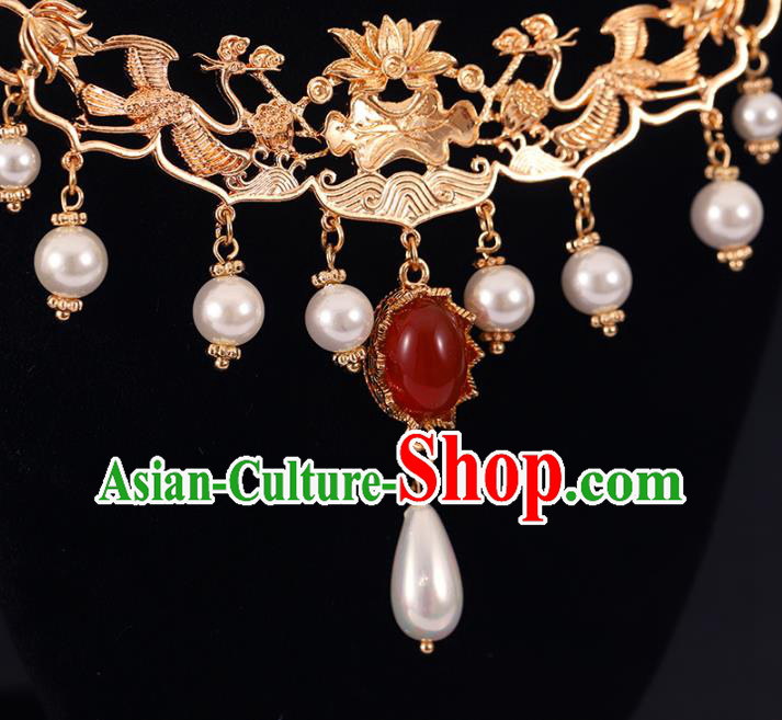 Chinese Traditional Ming Dynasty Necklace Accessories Ancient Court Woman Golden Phoenix Necklet
