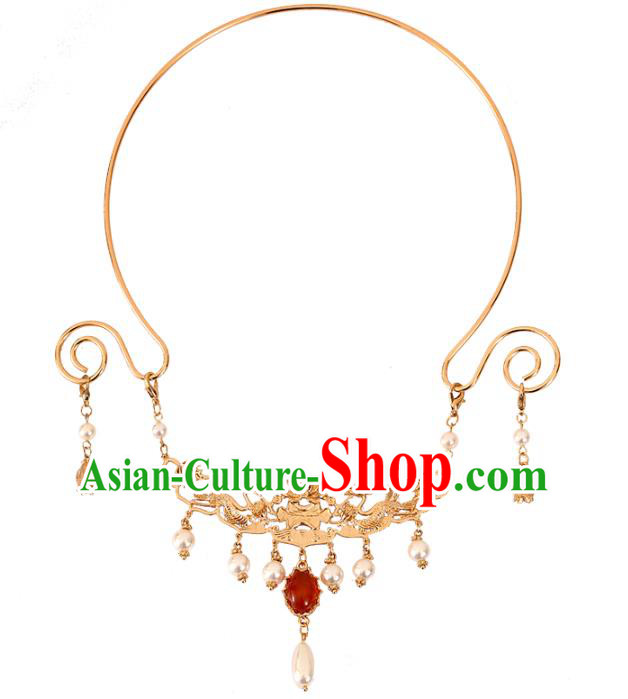 Chinese Traditional Ming Dynasty Necklace Accessories Ancient Court Woman Golden Phoenix Necklet