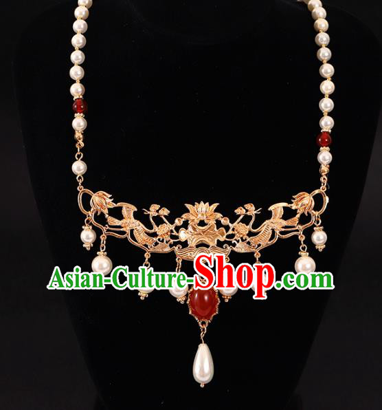 Chinese Traditional Ming Dynasty Necklace Accessories Ancient Court Woman Golden Phoenix Necklet