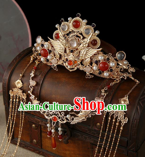 China Traditional Ming Dynasty Hanfu Hair Accessories Ancient Empress Golden Tassel Hair Crown