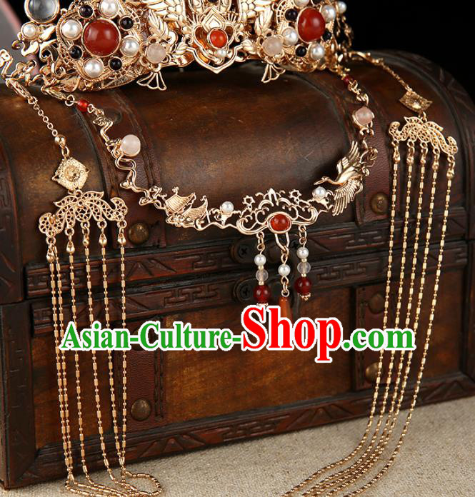 China Traditional Ming Dynasty Hanfu Hair Accessories Ancient Empress Golden Tassel Hair Crown