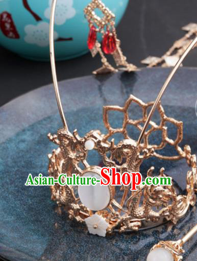 China Traditional Hanfu Wedding Headwear Ancient Princess Golden Dragons Tassel Hair Crown