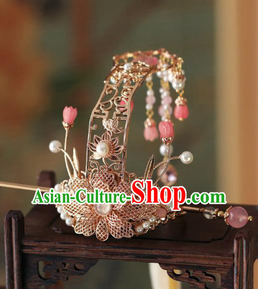 China Traditional Ming Dynasty Wedding Headwear Ancient Princess Golden Peony Hair Crown and Hairpin