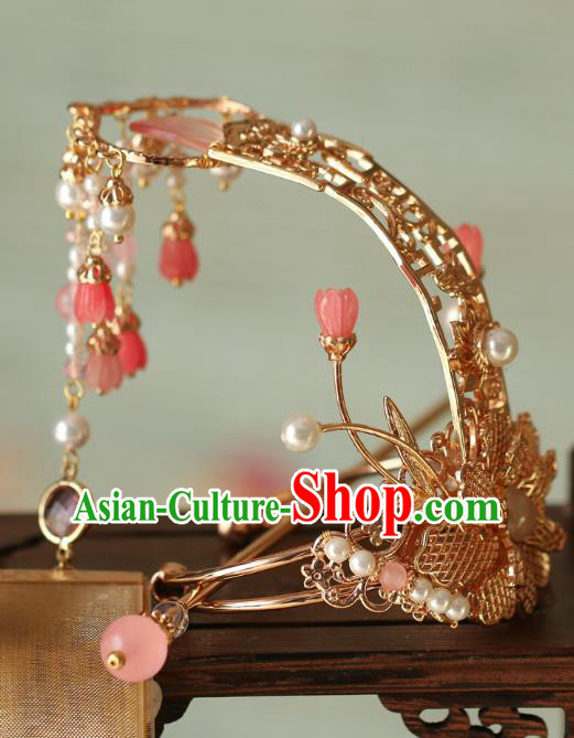 China Traditional Ming Dynasty Wedding Headwear Ancient Princess Golden Peony Hair Crown and Hairpin