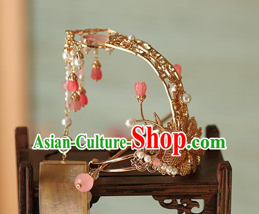 China Traditional Ming Dynasty Wedding Headwear Ancient Princess Golden Peony Hair Crown and Hairpin