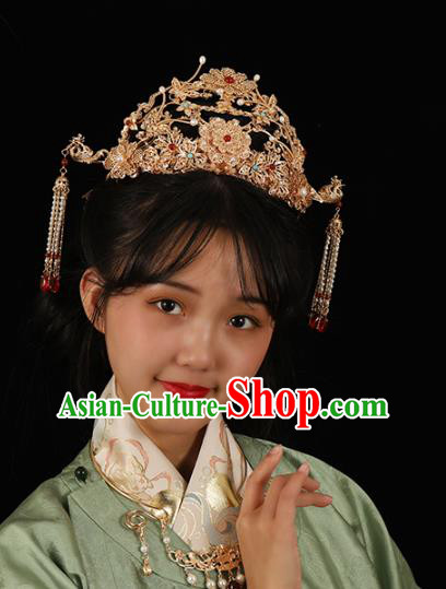 China Traditional Ming Dynasty Wedding Hair Accessories Ancient Empress Golden Peony Pearls Hair Crown