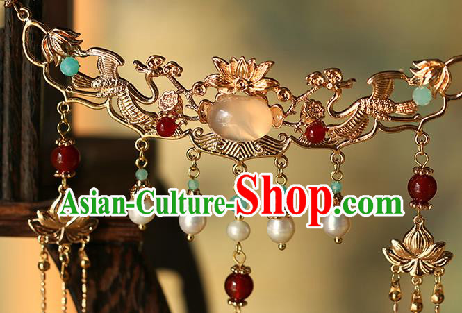 Chinese Traditional Ming Dynasty Princess Necklace Accessories Ancient Palace Lady Golden Tassel Necklet