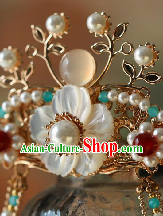 China Traditional Hanfu Shell Flower Hair Clasp Ancient Princess Tassel Hair Crown