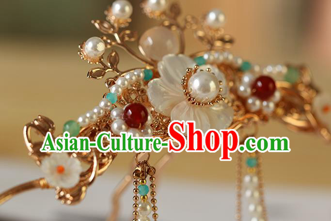 China Traditional Hanfu Shell Flower Hair Clasp Ancient Princess Tassel Hair Crown