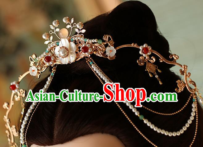China Traditional Hanfu Shell Flower Hair Clasp Ancient Princess Tassel Hair Crown