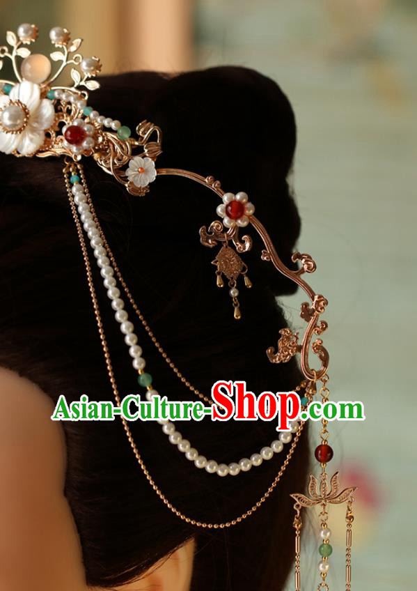 China Traditional Hanfu Shell Flower Hair Clasp Ancient Princess Tassel Hair Crown