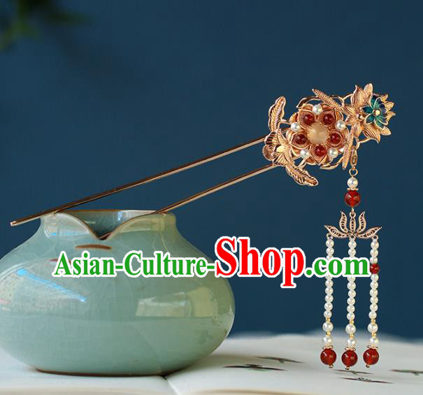 China Traditional Ming Dynasty Court Woman Hairpin Ancient Empress Pearls Tassel Hair Stick