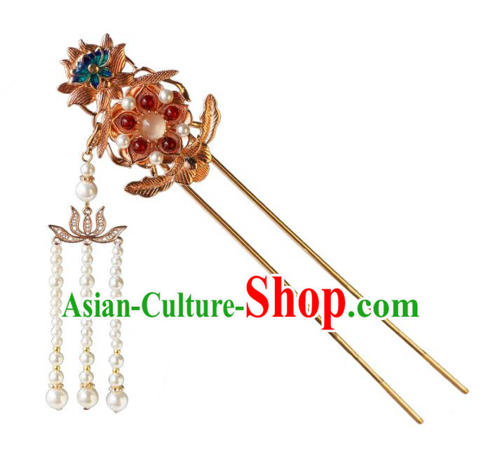 China Traditional Ming Dynasty Court Woman Hairpin Ancient Empress Pearls Tassel Hair Stick