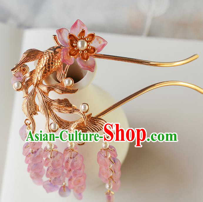 China Traditional Ming Dynasty Goldfish Hairpin Ancient Princess Wisteria Tassel Hair Stick