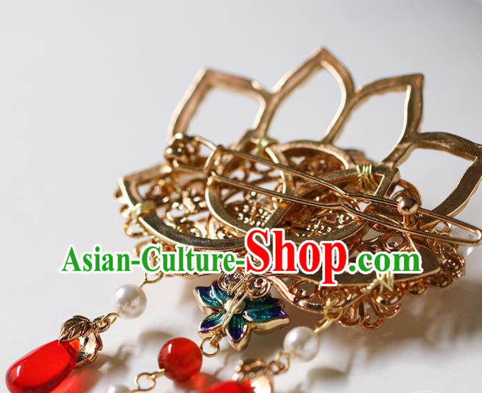 China Traditional Hanfu Tassel Hair Claw Ancient Palace Lady Golden Lotus Hair Stick