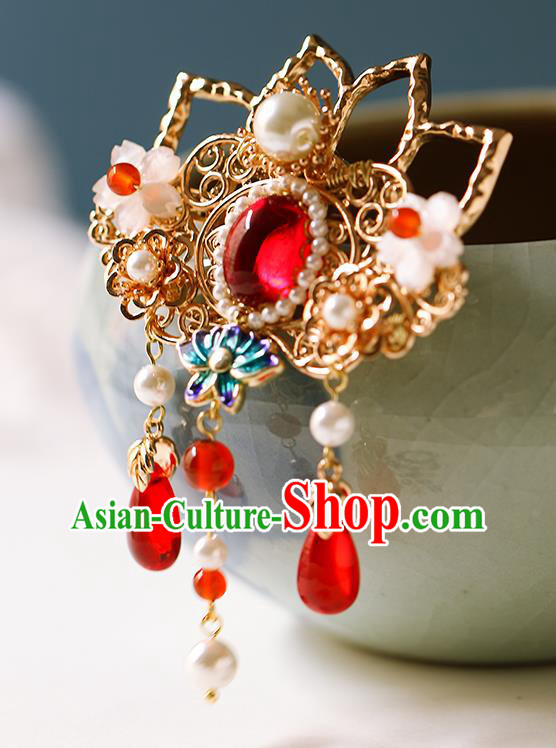 China Traditional Hanfu Tassel Hair Claw Ancient Palace Lady Golden Lotus Hair Stick