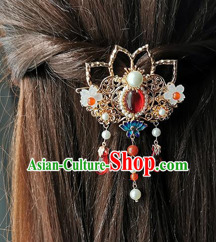 China Traditional Hanfu Tassel Hair Claw Ancient Palace Lady Golden Lotus Hair Stick