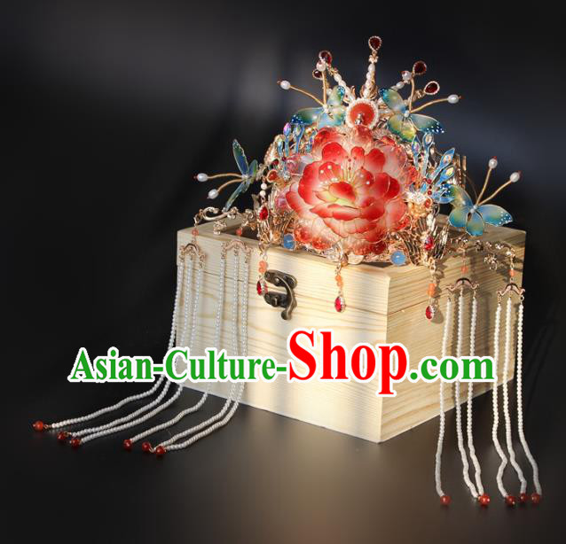China Traditional Song Dynasty Court Headdress Handmade Ancient Imperial Concubine Red Peony Hair Crown