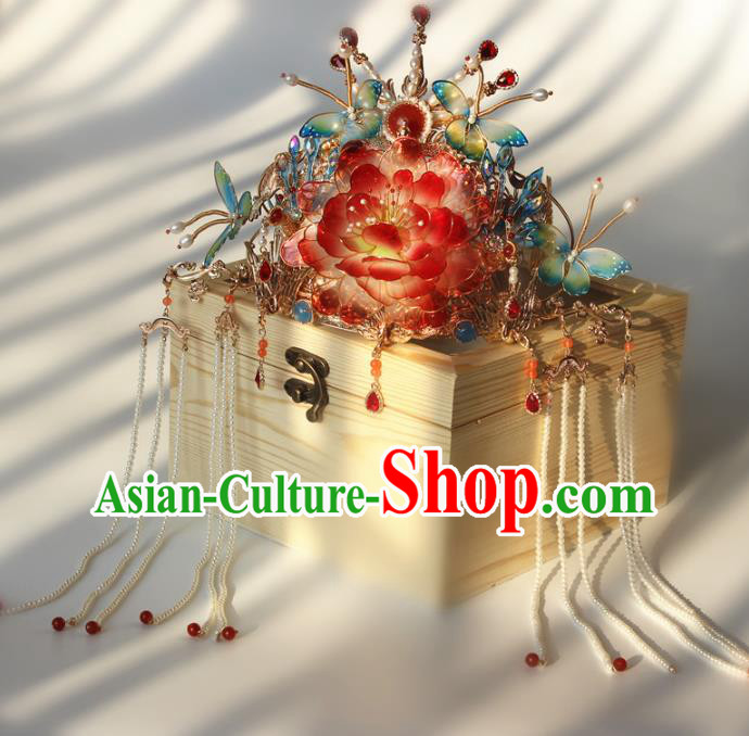 China Traditional Song Dynasty Court Headdress Handmade Ancient Imperial Concubine Red Peony Hair Crown