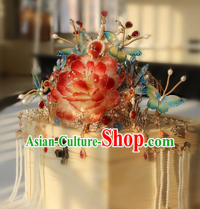 China Traditional Song Dynasty Court Headdress Handmade Ancient Imperial Concubine Red Peony Hair Crown