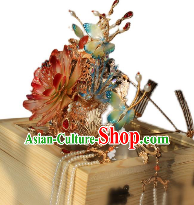 China Traditional Song Dynasty Court Headdress Handmade Ancient Imperial Concubine Red Peony Hair Crown