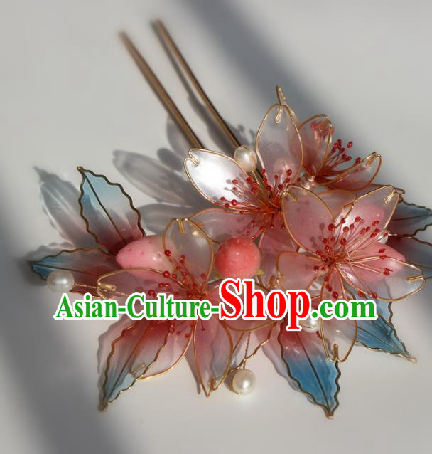 China Traditional Ming Dynasty Court Lady Hair Stick Ancient Princess Pink Flowers Hairpin