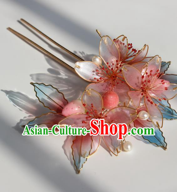 China Traditional Ming Dynasty Court Lady Hair Stick Ancient Princess Pink Flowers Hairpin
