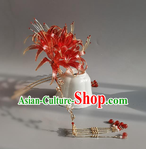 China Traditional Red Spider Lily Hair Crown Ancient Palace Princess Tassel Hairpin