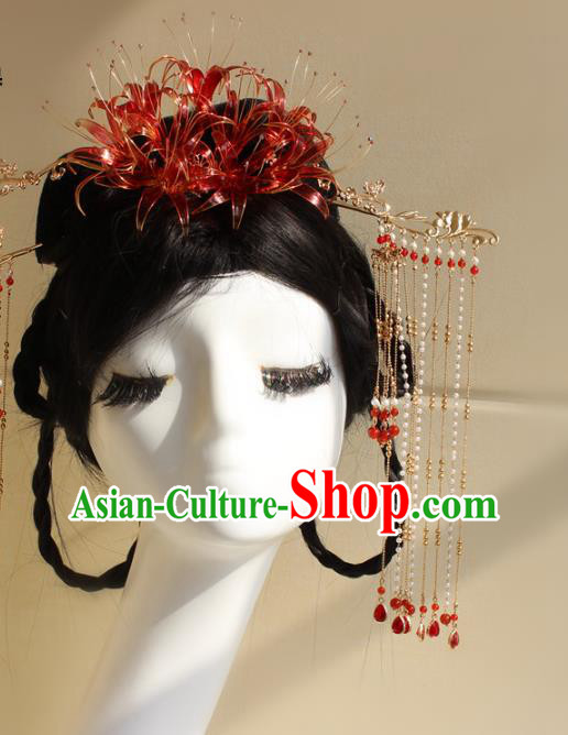 China Traditional Red Spider Lily Hair Crown Ancient Palace Princess Tassel Hairpin
