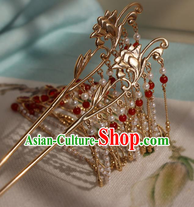 China Traditional Red Spider Lily Hair Crown Ancient Palace Princess Tassel Hairpin