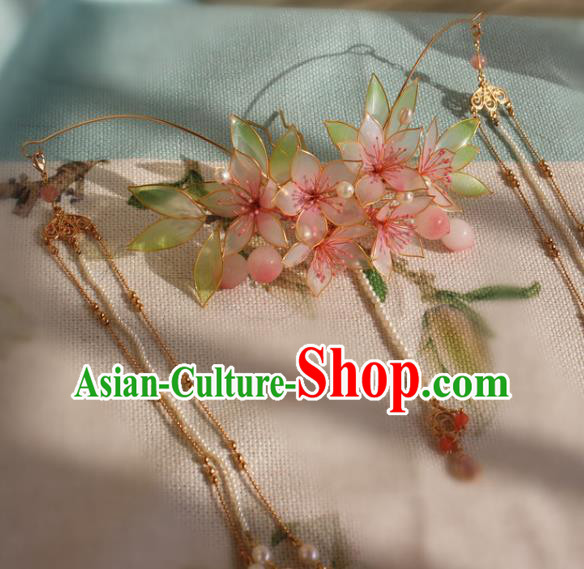 China Traditional Hanfu Beads Tassel Hair Crown Ancient Palace Princess Peach Blossom Hairpin