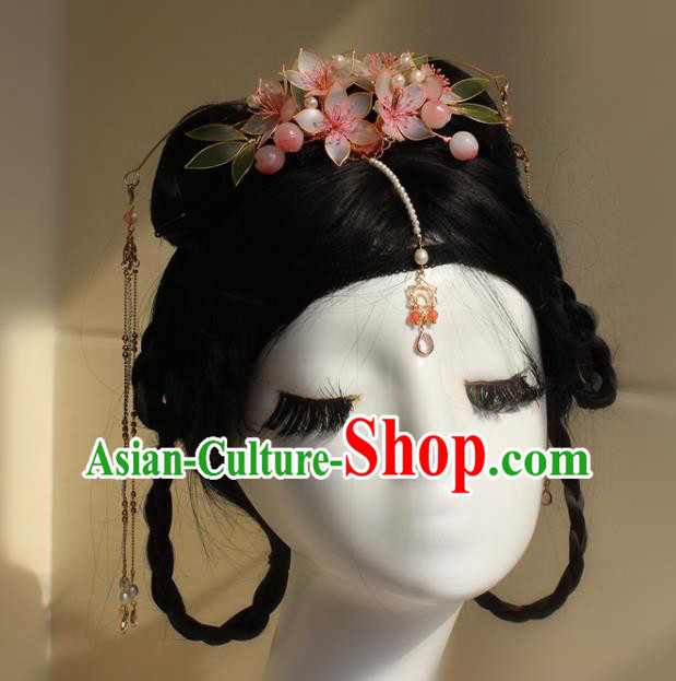 China Traditional Hanfu Beads Tassel Hair Crown Ancient Palace Princess Peach Blossom Hairpin