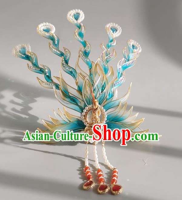 China Ancient Palace Princess Blue Phoenix Tassel Hairpin Traditional Ming Dynasty Noble Woman Hair Crown