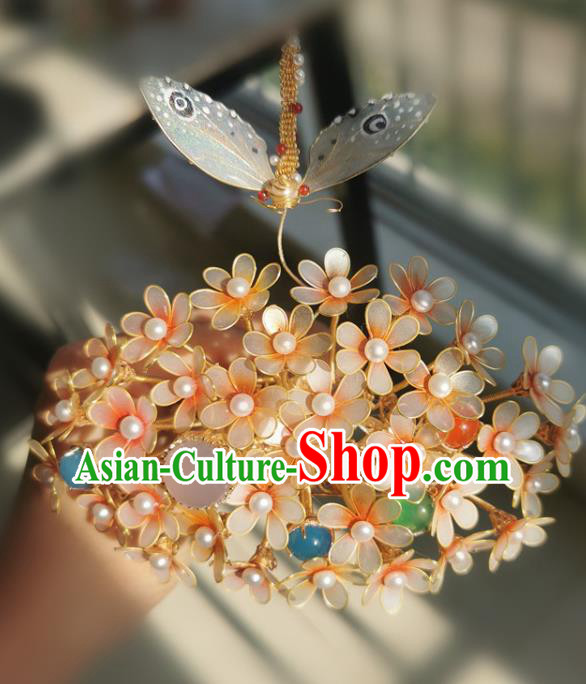 China Ancient Imperial Concubine Hairpin Traditional Song Dynasty Yellow Flowers Dragonfly Hair Crown