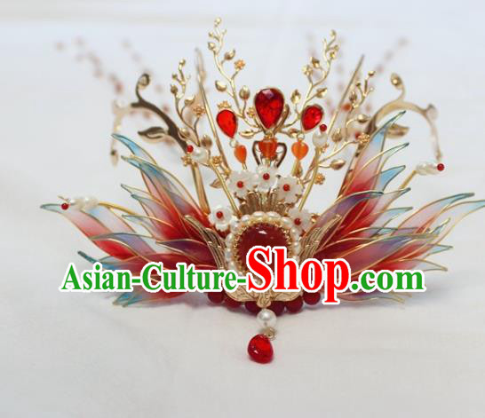 China Ancient Ming Dynasty Bride Hairpin Traditional Wedding Red Phoenix Tassel Hair Crown