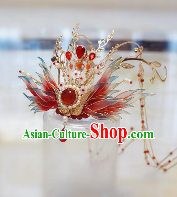 China Ancient Ming Dynasty Bride Hairpin Traditional Wedding Red Phoenix Tassel Hair Crown