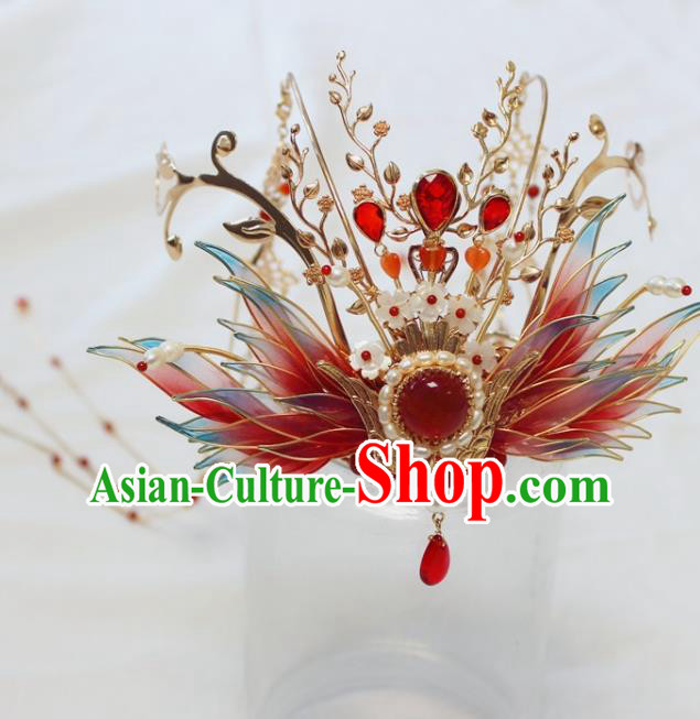 China Ancient Ming Dynasty Bride Hairpin Traditional Wedding Red Phoenix Tassel Hair Crown