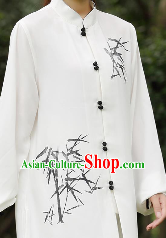 China Tai Chi Training Costumes Traditional Martial Arts Ink Painting Bamboo White Uniforms