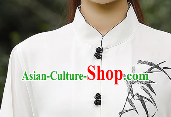China Tai Chi Training Costumes Traditional Martial Arts Ink Painting Bamboo White Uniforms
