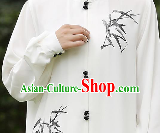 China Tai Chi Training Costumes Traditional Martial Arts Ink Painting Bamboo White Uniforms
