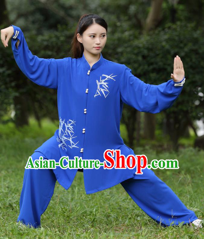 China Traditional Martial Arts Printing Bamboo Blue Uniforms Tai Chi Training Costumes