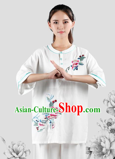 China Tai Chi Kung Fu Costumes Traditional Martial Arts Printing White Flax Uniforms