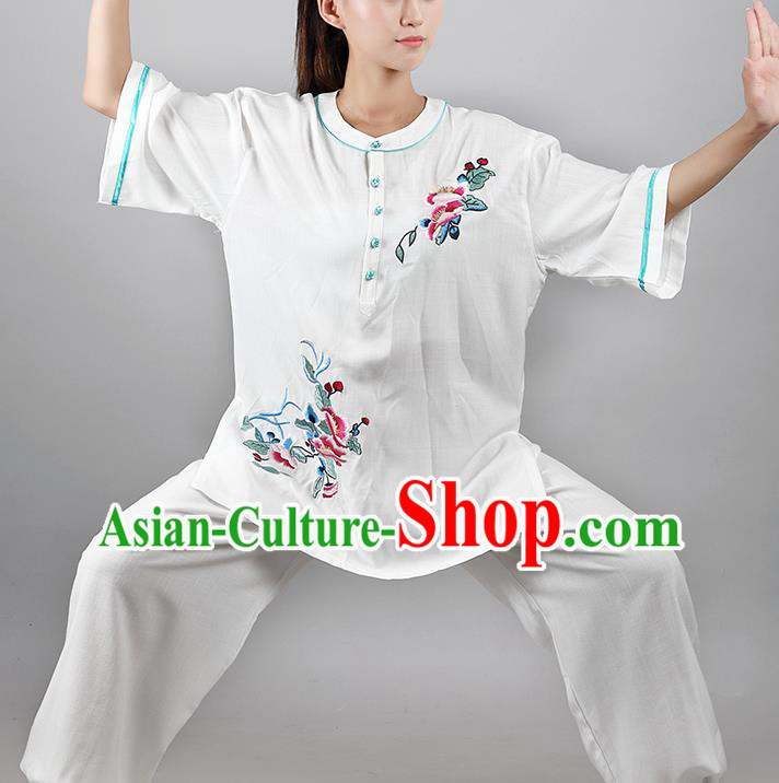 China Tai Chi Kung Fu Costumes Traditional Martial Arts Printing White Flax Uniforms