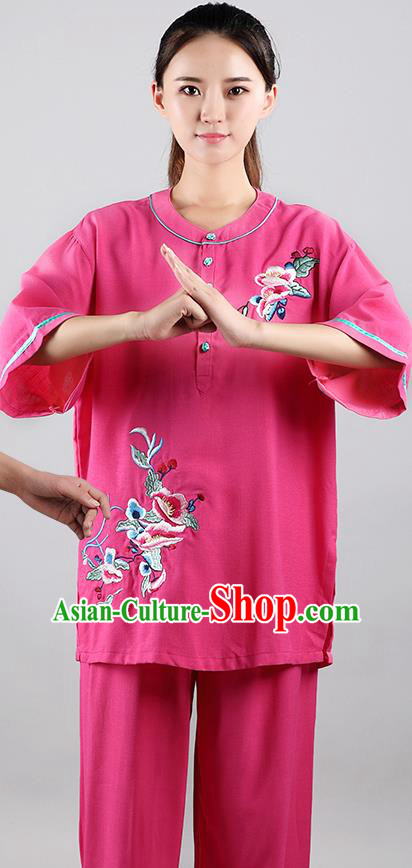 China Traditional Martial Arts Embroidered Rosy Flax Uniforms Tai Chi Kung Fu Costumes